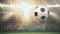 A ball in the rays of light flies into the goal in slow motion in the rays of light. 3d animation of the moment of a