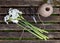 Ball of twine and scissors with bunch of white narcissi