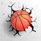 Ball in wall. Winner basketball sphere shot in black hole. Damaged surface with cracks. Competitive game. Sport