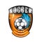 Ball with wind blue trail in center of shield with text soccer. Sport logo for any football or soccer team