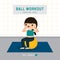 Ball Workout. Woman doing Stability ball exercise and yoga training at gym home, stay at home concept. Character Cartoon Vector il