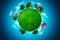 Ball of the world with recycling symbol and trees for clean and renewable energies. Echo friends. Green World