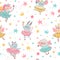 Ballerina animal seamless pattern. Hand drawn baby bunny, unicorn, mouse in ballet tutu. Girls birthday, baby shower, t