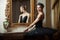 Ballerina in black tutu standing front of mirror