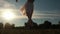 Ballerina dances on background of sunset, meadow and blue sky in the evening.