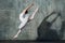 Ballerina female. Young beautiful woman ballet dancer, dressed in professional outfit, pointe shoes and white tutu.