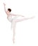 Ballerina makes ballet position arabesque isolated on white background