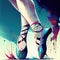 Ballerina\\\'s feet in pointe shoes. Bright color illustration. Ballet pointe shoes, ribbons. Women\\\'s legs. Generative AI