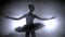 Ballerina`s silhouette turning around. ballerina with hair in a bun is dancing on a scene, against bright light of