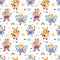 Ballerinas animals pattern. Little cute fairy girls. Forest princesses with dresses and magic wands. Dancing squirrels