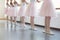 Ballet dancers standing near ballet barre in basic position