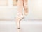 Ballet fitness and woman dance shoes in professional performance arts training class studio. Ballerina slipper performer