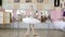 In the ballet hall, girl in white pack is engaged at the ballet, rehearse Roleve, goes up on toes, in pointe shoes