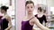 In ballet hall, Young ballerina in purple leotard perform a slope, bend back, tilt back, moving hand elegantly up and