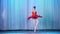 Ballet rehearsal, on the stage of the old theater hall. Young ballerina in red ballet tutu and pointe shoes, dances