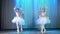 Ballet rehearsal, on the stage of the old theater hall. Young ballerinas in elegant dresses and pointe shoes, dance