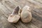 Ballet shoes laying on rough vintage wood