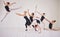 Ballet training, dance students or studio routine with group diversity of ballerina dancers in jump performance for