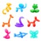 Balloon animals. Bright party balloons, kids birthday entertainment tools. Isolated abstract frog, dog, monkey. Funny