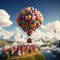 Balloon borne journey, fantasy plane floats surrounded by colorful balloons in the sky