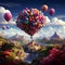 Balloon dreamscape, fantasy plane soars with a vivid array of colorful balloons