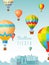Balloon festival poster, hot air ball rides, flat vector illustration. Travel over city landscape, design concept banner