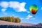 Balloon flies over a field of flowers