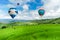 Balloon flying on rice field, Rice field in mountain or rice terrace in the nature, Relax day in beautiful location