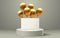 balloon golden podium present, celebrate happy birthday, gold platform banner. Vector