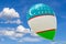 Balloon with the image of the national flag of Uzbekistan, flying through the blue sky. 3D rendering, illustration with copy space