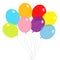 Balloon set. Bunch of balloons. Colorful transparent helium toy on string thread. Flying through the air, sky. Flat design. White