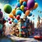 Balloons flying over a whimsical cartoon town