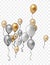 balloons group. Golden shiny falling confetti, glossy yellow and white inflatable helium balloon with gold ribbon for birthday