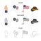 Balloons, national flag, cowboy hat, palm hand.Patriot day set collection icons in cartoon,outline,monochrome style