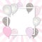 Balloons in paper cut out square frame. Birthday and girl baby shower design. Pink and silver glitter.