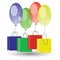 Balloons and shoping boxes on white background