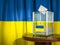 Ballot box with flag of Ukraine and voting papers. Ukrainian presidential or parliamentary election