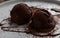 Balls of chocolate ice cream on white plate on the table. Copy Space