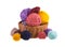 Balls colored threads isolated on background, wool knitting.
