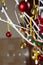 Balls colorfull christmas ornaments hanging from christmas tree on wooden board