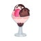 Balls of Ice Cream in Glass Tub with Chocolate Topping Vector Illustration