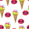 Balls ice cream in a wafer cone with pink female lips on a white background. Color drawing markers. Seamless pattern for design