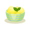 Balls of tasty lemon ice-cream and mint leaves in striped ceramic bowl. Delicious summer dessert. Flat vector design for