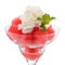 Balls of watermelon in a glass Cremant with whipped cream. Isolated on white.