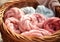 Balls of wool in pastel colors, in a basket, for making warm clothes and warm accessories. Winter time. AI generated