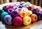 Balls of wool in a table, for making warm clothes and warm accessories. Winter time. AI generated