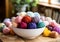 Balls of wool in a table, for making warm clothes and warm accessories. Winter time. AI generated