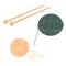 Balls of yarn green and beige and knitting needles. Women`s hobby. Clew, skeins of wool. Vector