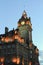 The Balmoral Hotel, the clock tower in the tourist city center in the evening