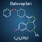 Balovaptan molecule. Is drug for the treatment of autism. Structural chemical formula and molecule model on the dark blue